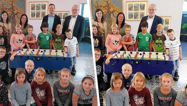 Photo manipulated: Pupils received Wuzzler. In the municipal newspaper (left), Florian Weigl and Mayor Ritzner were still laughing side by side into the camera. In the SPÖ party newspaper (right), the ÖVP politician had disappeared. (Bild: Krone KREATIV/Marktgemeinde St. Martin-Karlsbach SPÖ St. Martin-Karlsbach)