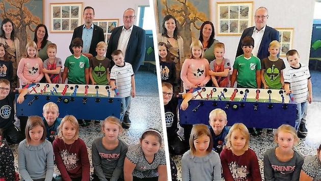 Photo manipulated: Pupils received Wuzzler. In the municipal newspaper (left), Florian Weigl and Mayor Ritzner were still laughing side by side into the camera. In the SPÖ party newspaper (right), the ÖVP politician had disappeared. (Bild: Krone KREATIV/Marktgemeinde St. Martin-Karlsbach SPÖ St. Martin-Karlsbach) Photo manipulated: Pupils received Wuzzler. In the municipal newspaper (left), Florian Weigl and Mayor Ritzner were still laughing side by side into the camera. In the SPÖ party newspaper (right), the ÖVP politician had disappeared. (Bild: Krone KREATIV/Marktgemeinde St. Martin-Karlsbach SPÖ St. Martin-Karlsbach)