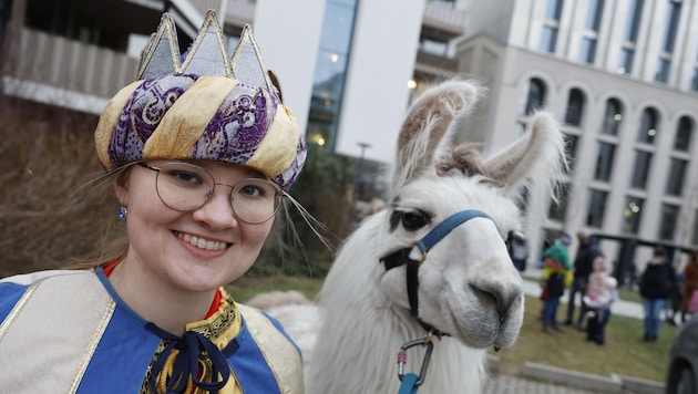  „Königin“ Eva-Maria Stadlbauer mit Lama Figaro in der Rauchenmühlen-Siedlung. (Bild: Tschepp Markus)