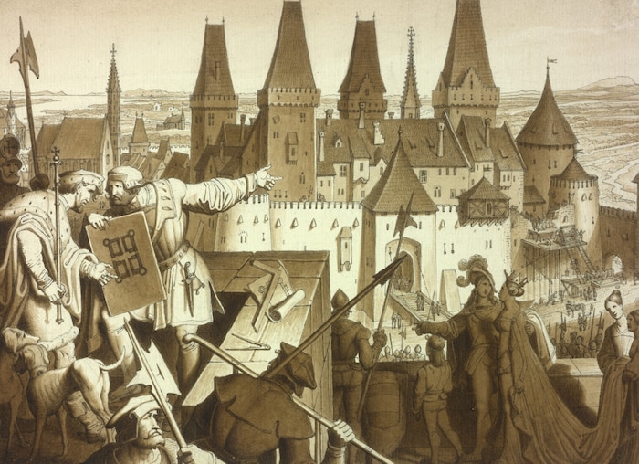 Herzog Leopold VI., wie ihm der Plan der mittelalterlichen Hofburg gezeigt wird. Unter diesem ...