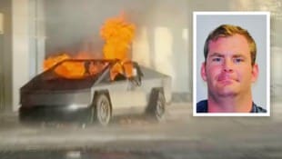 Matthew Livelsberger schoss sich zuerst in den Kopf, ehe er im angemieteten Cybertruck in Flammen aufging.  (Bild: Krone KREATIV/ASSOCIATED PRESS, APA/Getty Images via AFP/GETTY IMAGES/Ethan Miller)