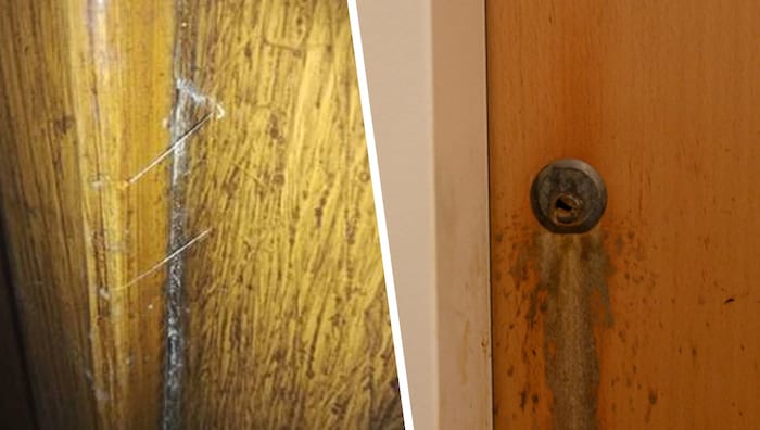 Kontrollieren Sie Ihre Tür auf mögliche vorhandene Kleberfäden (links).