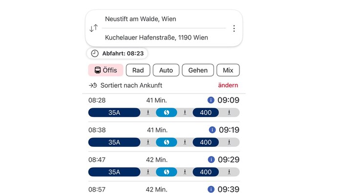 It takes around 20 minutes by car from Neustift am Walde to Kuchelau harbor. It takes twice as long by public transport. The comparison with Grinzing and Neustift is even more extreme, here you can reach your destination in 10 minutes by car, while it takes 35 minutes by bus. 