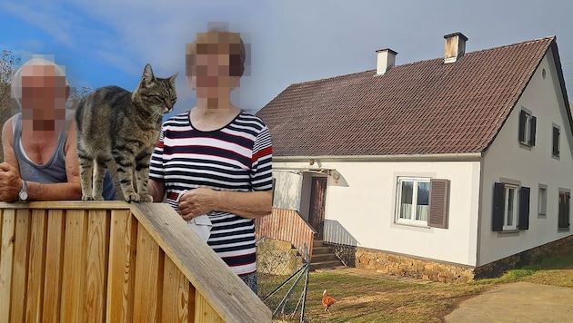 In diesem Haus soll der 81-Jährige (hier auf dem Foto auf der Stiege vor dem Haus) seine Schwester mit der Axt erschlagen haben. (Bild: Krone KREATIV/Christa Blümel, zVg)