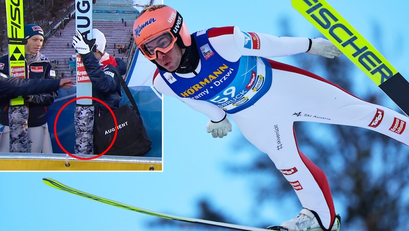 Das ÖSV-Team rund um Stefan Kraft (re.) deckte in Innsbruck plötzlich die Bindungen ab. (Bild: GEPA/Screenshot ORF)