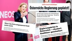 Das Platzen der Zuckerlkoalition in Österreich ist auch im Ausland ein heißes Thema. (Bild: Krone KREATIV/APA Screenshots/NZZ, Blick, Bild, Zeit)