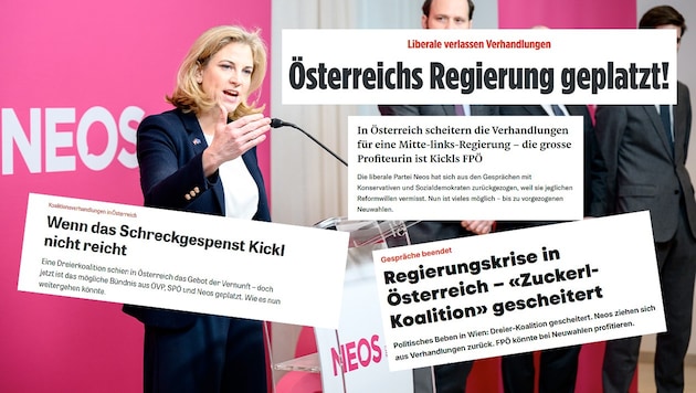 Das Platzen der Zuckerlkoalition in Österreich ist auch im Ausland ein heißes Thema. (Bild: Krone KREATIV/APA Screenshots/NZZ, Blick, Bild, Zeit)