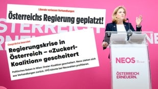 Anfang Jänner ließ Beate Meinl-Reisinger das erste Zuckerl platzen – ist jetzt alles vergeben und vergessen? (Bild: Krone KREATIV/APA Screenshots/NZZ, Blick, Bild, Zeit)