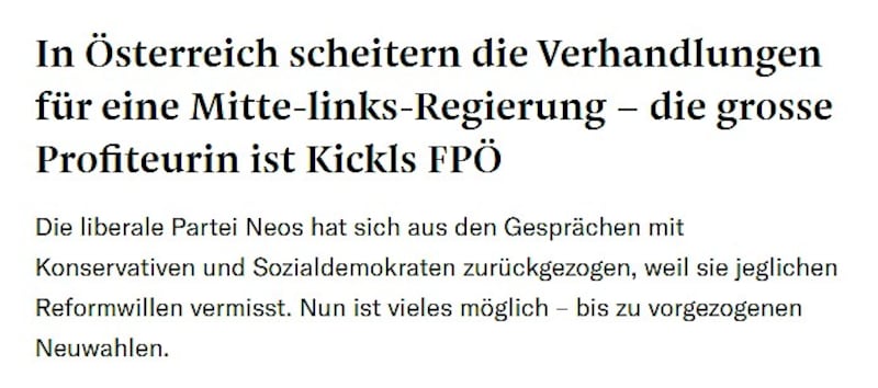 Die „Neue Zürcher Zeitung“ zu den geplatzten Koalitionsverhandlungen in Wien. (Bild: Screenshot/NZZ)