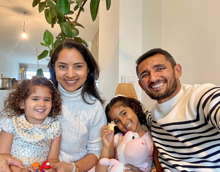 He married his Nathanny - here with their daughters Abigail and Manuela - after three months.