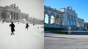 Schnellballschlacht von Kindern vor der Gloriette, 1935 (links) und heute.
