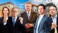 Die Spitzen der Wiener Politik (von links): die grüne Spitzenkandidatin Judith Pühringer, ÖVP-Chef Karl Mahrer, Wiens Bürgermeister Michael Ludwig (SPÖ), Neos-Vizebürgermeister Christoph Wiederkehr und Wiens FPÖ-Chef Dominik Nepp. (Bild: Krone KREATIV/Mario Urbantschitsch, Grüne Wien, Jöchl Martin, www.picturedesk.com, SEPA.Media | Michael Indra)