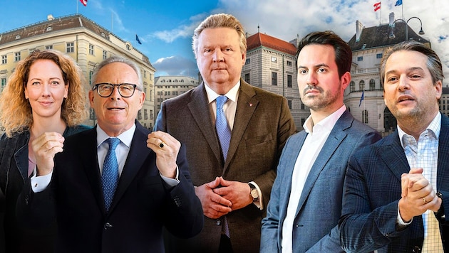 Die Spitzen der Wiener Politik (von links): die grüne Spitzenkandidatin Judith Pühringer, ÖVP-Chef Karl Mahrer, Wiens Bürgermeister Michael Ludwig (SPÖ), Neos-Vizebürgermeister Christoph Wiederkehr und Wiens FPÖ-Chef Dominik Nepp. (Bild: Krone KREATIV/Mario Urbantschitsch, Grüne Wien, Jöchl Martin, www.picturedesk.com, SEPA.Media | Michael Indra)