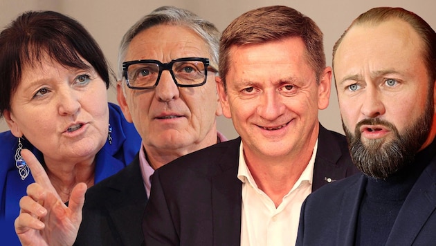 Wirtschaftskammer- Präsident Josef Herk, Landeshauptmann- Stellvertreterin Manuela Khom, der Leobner Bürgermeister Kurt Wallner und SPÖ-Vorsitzender Max Lercher (v. li.) kommentieren die aktuellen bundespolitischen Entwicklungen. (Bild: Krone KREATIV/Christian Jauschowetz)