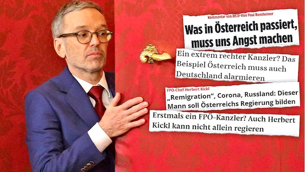 The task of forming a government for FPÖ leader Herbert Kickl is being discussed in many international media. (Bild: Krone KREATIV/AP Screenshots/Bild/NZZ/Focus/SZ)