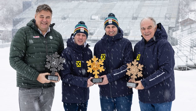 From left to right: Wolfgang Breitfuss (Saalbach-Hinterglemm Tourist Board), World Championships Project Manager Florian Phleps, ÖSV Secretary General Christian Scherer and Bartl Gensbichler (Sports Director of Saalbach 2025 and President of the Salzburg Provincial Ski Association) are looking forward to a "casual" World Ski Championships. (Bild: GEPA/GEPA pictures)