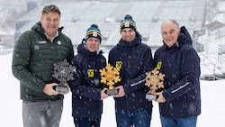 Von links nach rechts: Wolfgang Breitfuss (Tourismusverband Saalbach-Hinterglemm), WM-Projektleiter Florian Phleps, ÖSV-Generalsekretär Christian Scherer und Bartl Gensbichler (Sport-Chef von Saalbach 2025 und Präsident des Salzburger Landes-Skiverbandes) freuen sich auf eine „lässige“ Ski-WM. (Bild: GEPA/GEPA pictures)