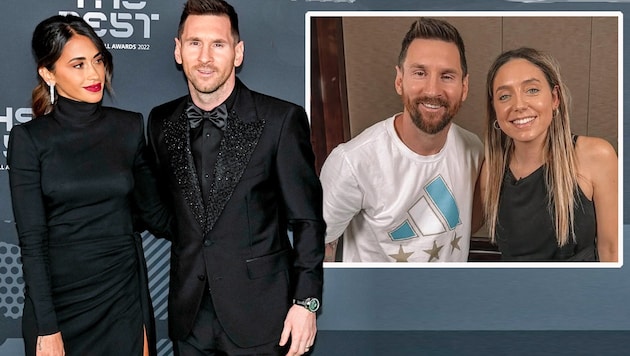 Lionel Messi mit seiner Frau Antonela (l.) und mit Sofi Martinez. (Bild: GEPA, instagram, krone.at-grafik)