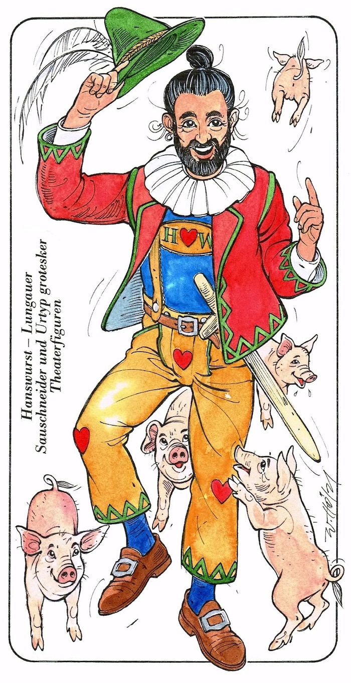 Hölzl designed tarot cards such as this one with the Hanswurst