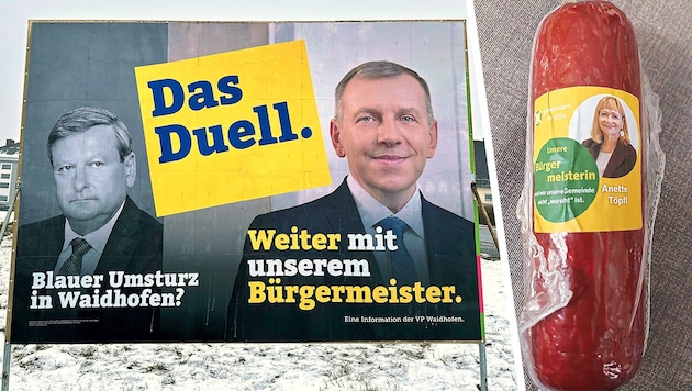 It's all about the sausage in the district town of Waidhofen an der Thaya. There, Mayor Josef Ramharter is challenging Councillor Gottfried Waldhäusl to a "duel". (Bild: Krone KREATIV/zVg)