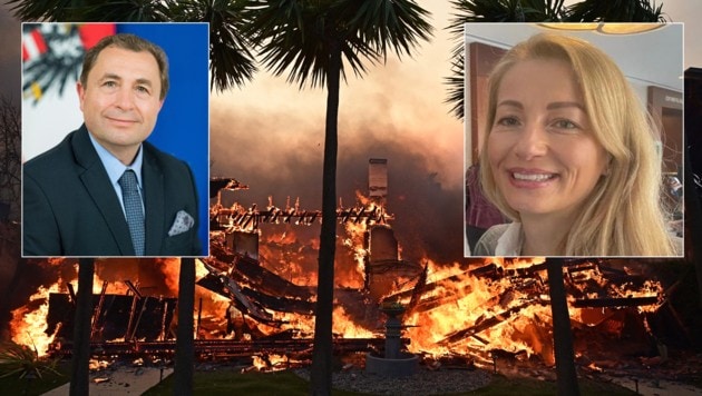 Laut Michael Postl, Generalkonsul in Los Angeles, haben mehrere Österreicher bereits ihre Häuser verloren. Die Steirerin Melanie Herrmann, die in Los Angeles lebt und arbeitet, hofft nach der Katastrophe auf ein Umdenken beim Klimaschutz.  (Bild: Krone KREATIV/BMEIA Gruber, AGUSTIN PAULLIER/AFP, privat)