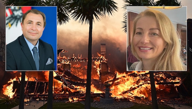 According to Michael Postl, Consul General in Los Angeles, several Austrians have already lost their homes. Melanie Herrmann from Styria, who lives and works in Los Angeles, hopes that the disaster will prompt a rethink on climate protection. (Bild: Krone KREATIV/BMEIA Gruber, AGUSTIN PAULLIER/AFP, privat)