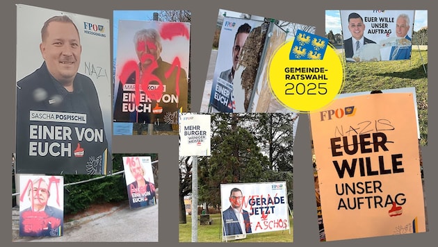 Schmierereien, zerfetzte Plakate, Naziparolen – die FPÖ kritisiert, ganz im Wahlkampfmodus, hierbei auch fehlende Haltung anderer Parteien. (Bild: Krone KREATIV/FPÖ Niederösterreich)