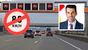 FPÖ-Verkehrslandesrat Landesvize Udo Landbauer (kleines Bild) reagierte auf die Einführung der „Tempo-80-Schikane“ auf der vierspurigen Südautobahn bei Wiener Neudorf mit scharfer Kritik. (Bild: Krone KREATIV/Imre Antal, Archiv)