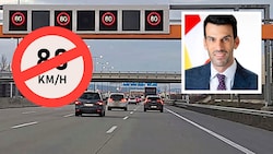 FPÖ-Verkehrslandesrat und Landesvize Udo Landbauer (kleines Bild) reagierte auf die Einführung der „Tempo-80-Schikane“ auf der vierspurigen Südautobahn bei Wiener Neudorf mit scharfer Kritik. (Bild: Krone KREATIV/Imre Antal, Archiv)