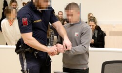 Der angeklagte Serbe wird im Wiener Landesgericht in Handschellen vorgeführt.