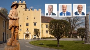 Zu „goldenen Zeiten“ arbeiteten in der Bandlkramerstadt Groß Siegharts etwa 1000 Menschen im Textilbereich. Das Schloss ist Sitz des Stadtamtes. Um die Vorherrschaft dort rittern ÖVP-Bürgermeister Achleitner (li.) und SPÖ-Capo Kopecek (re.). Sollte es keine „Absolute“ mehr geben, könnte FPÖ-Chef Halwachs  (M.) zum „Königsmacher“ aufsteigen. (Bild: Krone KREATIV/Privat, ZVG)