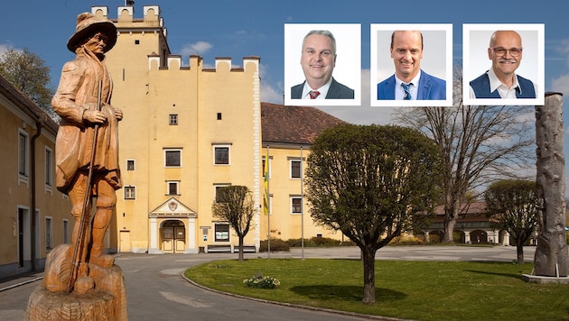 In the "golden age", around 1000 people worked in the textile industry in the Bandlkramer town of Groß Siegharts. The castle is the seat of the town council. ÖVP mayor Achleitner (left) and SPÖ capo Kopecek (right) are vying for supremacy there. Should there be no more "absolutes", FPÖ leader Halwachs (center) could become the "kingmaker". (Bild: Krone KREATIV/Privat, ZVG)