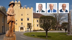 Zu „goldenen Zeiten“ arbeiteten in der Bandlkramerstadt Groß Siegharts etwa 1000 Menschen im Textilbereich. Das Schloss ist Sitz des Stadtamtes. Um die Vorherrschaft dort rittern ÖVP-Bürgermeister Achleitner (li.) und SPÖ-Capo Kopecek (re.). Sollte es keine „Absolute“ mehr geben, könnte FPÖ-Chef Halwachs  (M.) zum „Königsmacher“ aufsteigen. (Bild: Krone KREATIV/Privat, ZVG)