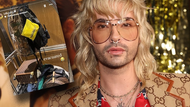 Bill Kaulitz had to pack his bags. He wrote on Instagram: "Evacuated". (Bild: Krone KREATIV/Getty Images via AFP/GETTY IMAGES/Jesse Grant, instagram.com/billkaulitz)