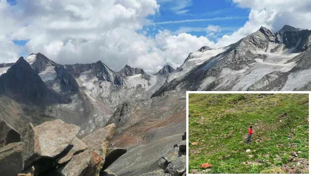 The German had an accident in the Ötztal Alps 57 years ago. The small picture shows the place where the bones were found. (Bild: Polizei, Peter Freiberger)