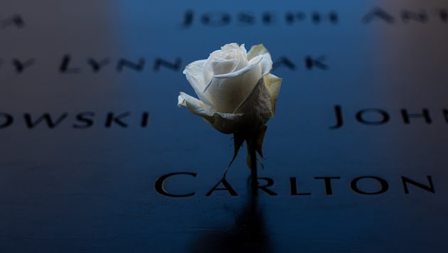 Eine weiße Rose schmückt das 9/11-Denkmal. (Bild: AFP/SPENCER PLATT/Getty Images)