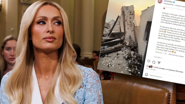 All that's left of Paris Hilton's home is rubble and ashes. (Bild: Krone KREATIV/Viennareport, instagram.com/parishilton)