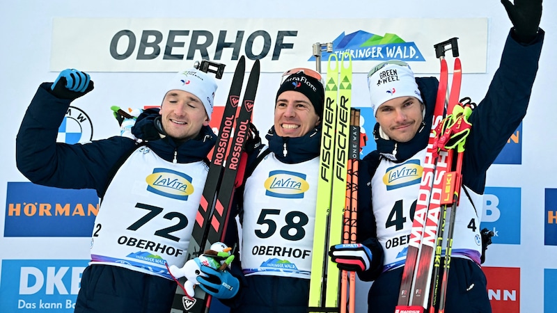 Fillon Maillet (center) won ahead of Fabien Claude (l.) and Emilien Jacquelin. (Bild: APA/AFP)