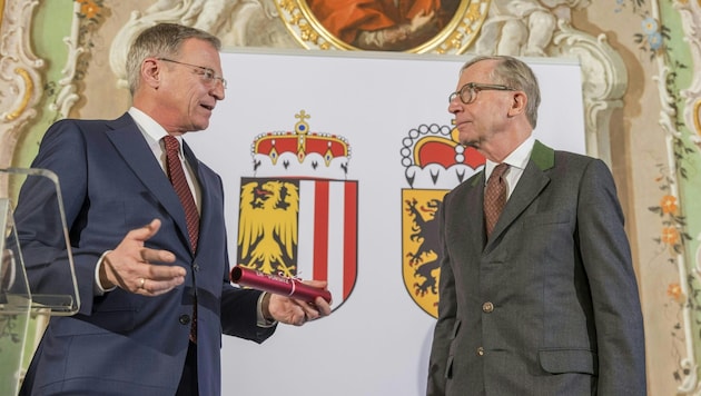 Governor of Upper Austria Thomas Stelzer (ÖVP; left) and Governor of Salzburg Wilfried Haslauer (ÖVP) (Bild: NEUMAYR FOTOGRAFIE / CHRISTIAN LEOPOLD)