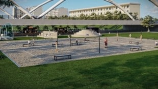 Neben dem Beachvolleyballplatz wird es neue Sitzgelegenheiten geben. Auch für eine offene Bühne (o.) ist Platz. (Bild: Good Karma Gastro)