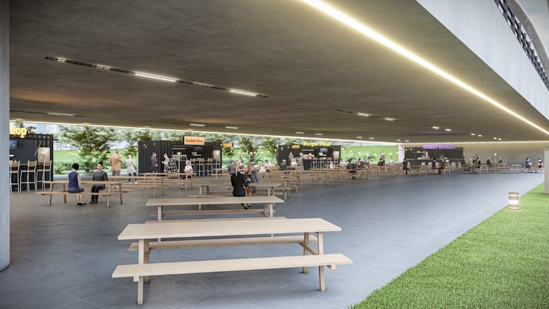 Several catering containers provide food and drink under the railroad bridge. (Bild: Good Karma Gastro)