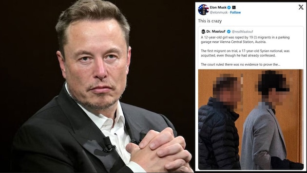 The Anna case in Vienna-Favoriten is causing consternation beyond Austria's borders - now also among Tesla billionaire Elon Musk. (Bild: AFP/APA/Alain Jocard/Screenshot/x.com/@elonmusk, Krone KREATIV)