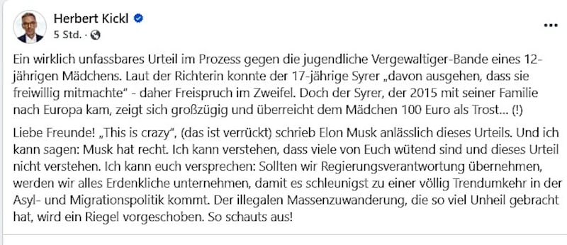 Kickl reagierte via Facebook auf Musk-Posting (Bild: Screenshot/Facebok.com)