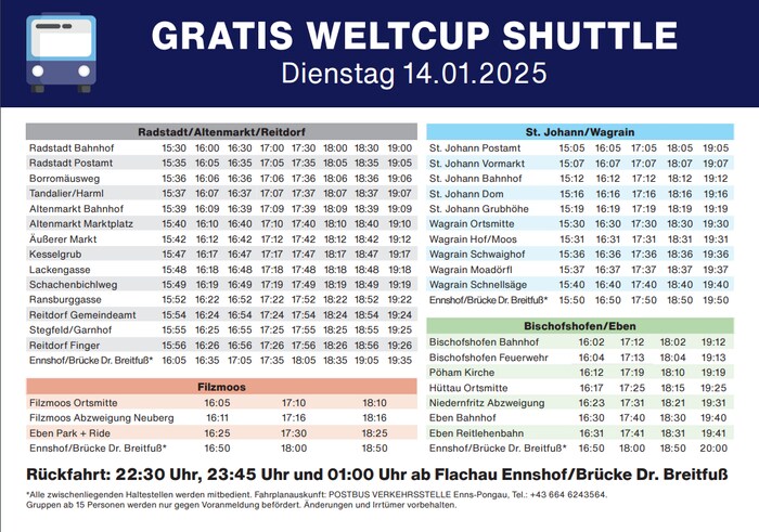 Die Übersicht über den Fahrplan der Shuttlebusse.