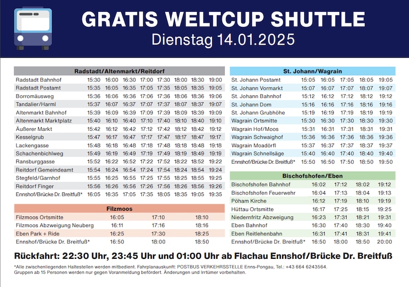 An overview of the shuttle bus timetable. (Bild: Audi FIS Ski Weltcup Damen Nachtslalom)