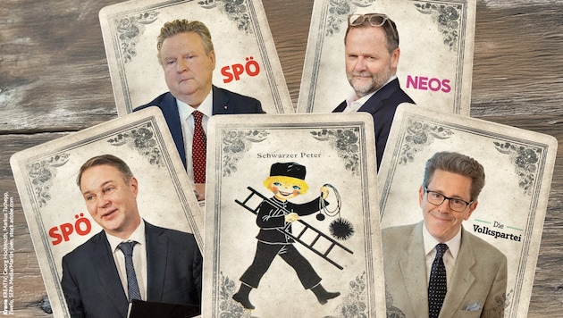 Wer war der Totengräber der Dreier-Koalition? Schwarze, Rote und Pinke zeigen aufeinander und auf ganz bestimmte Personen ... (Bild: Krone KREATIV/Krone KREATIV, Georg Hochmuth, Markus Tschepp, Zwefo, SEPA.Media/Martin Juen, stock.adobe.com)