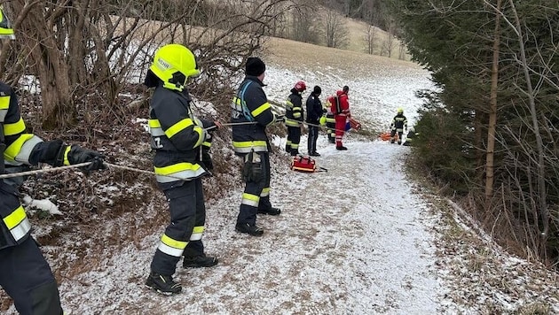 Unter Seilsicherung wurde die Verletzte zum Rettungswagen gebracht. (Bild: BFVMZ/FF Neuberg)