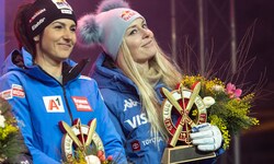 Stephanie Venier (li.) und Lindsey Vonn verpassten am Samstag in St. Anton das Podium nur knapp.