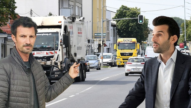 Lobner (left) and Landbauer have nothing good to say about the Green Ministry of Transport. The trigger is the "pleasing" result from the S8. (Bild: Krone KREATIV/Patrick Huber, ÖVP NÖ, NLK Pfeffer)