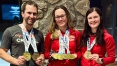 Christoph Lebelhuber (1 x Gold, 1 x Bronze), Melissa Köck (4 x Gold) und Johanna Köttl (1 x Bronze) holten bei der Ski-WM der Gehörlosensportler schon sieben Medaillen. Montag folgt noch der Slalom.  (Bild: Jürgen Albel)